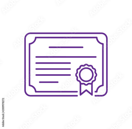 Purple outline icon of a certificate with a ribbon and seal, simple vector illustration