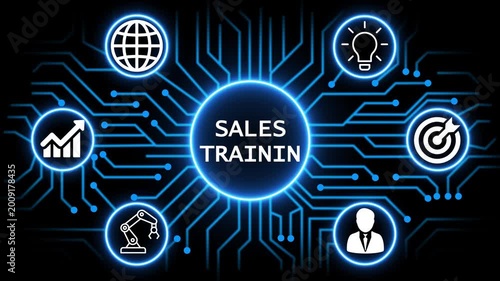 sales training concept with circuit lines and digital symbols hovering above a businessman, technology. manufacturing process management all connected in a digital circle like pattern.