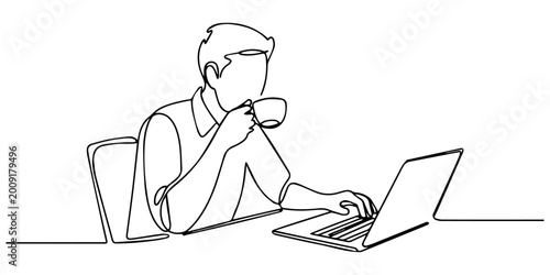 Foto Man in glasses drinking coffee while working on a laptop, continuous line art, C