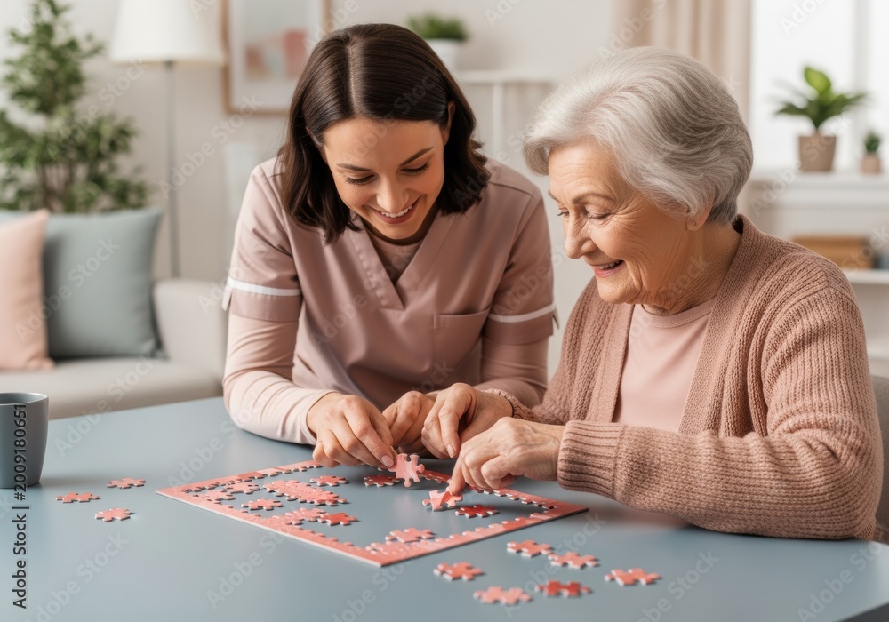 Fototapeta premium Senior woman and caregiver assembling a jigsaw puzzle on a table for nursing home marketing, geriatric wellness promotion and elderly mental health awareness