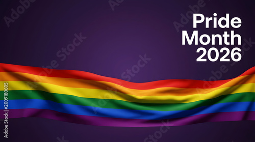 Pride Month 2026 text appears above a flowing rainbow flag on a dark background, forming a promotional banner for LGBTQ celebration, equality, and visibility