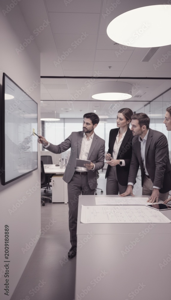 Fototapeta premium Diverse professional group in business attire analyzing an organizational chart in a modern office setup for corporate strategy, team leadership and workflow planning