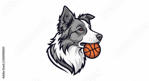A gray and white dog with a basketball in its mouth