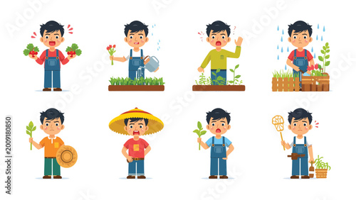 Canvas Print Gardening Adventures: A series of vibrant illustrations showcases a cheerful young gardener tending to their plants, each frame capturing a unique moment of nurturing the vibrant garden
