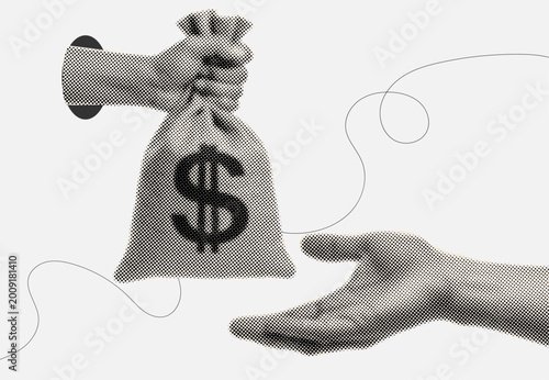 Trendy Halftone collage of Hands Exchanging Dollar Money Bag Representing Financial Transaction, Payment, and Monetary Exchange