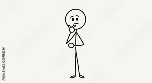 Tableau sur toile Cartoon Stick Figure Man Standing Thoughtfully with Hand on Chin, Pondering a De