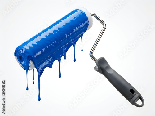 Blue paint roller with dripping paint and handle