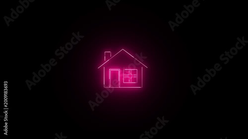 Neon home button icon animation, shiny symbol. glowing House, home building animation