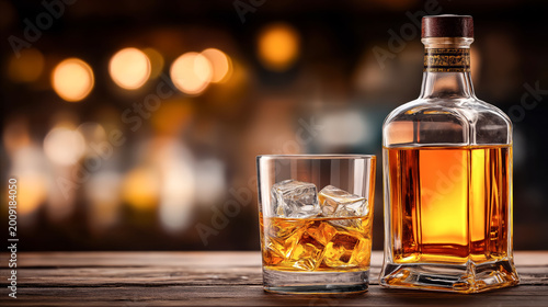 Glass of whiskey with ice cubes and glass bottle on rustic wooden table against dark blurred lights background. Concept of premium alcohol, nightlife, bar culture and luxury relaxation