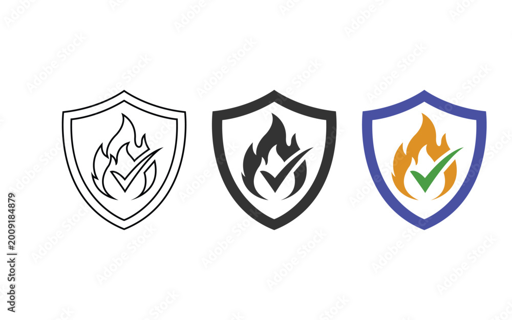 Fototapeta premium Fire protection shield vector icon set with flame safety symbols in outline and color styles for security, insurance, cybersecurity and protection design projects