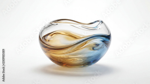 Abstract glass bowl with swirling colors on white background for display