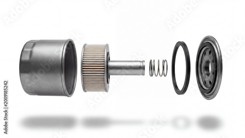Automotive oil filter disassembled on white background showing mechanical parts
