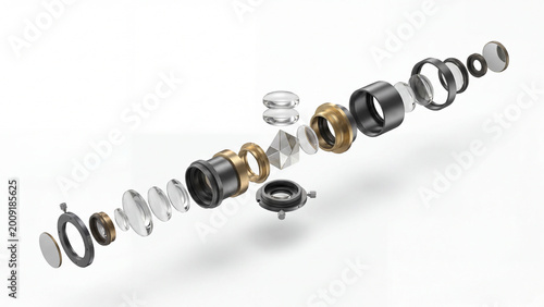 Camera lens components exploded view technical diagram isolated on white