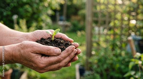 Photography Hands holding a young plant seedling in rich soil symbolizing growth and new beginnings in a garden setting