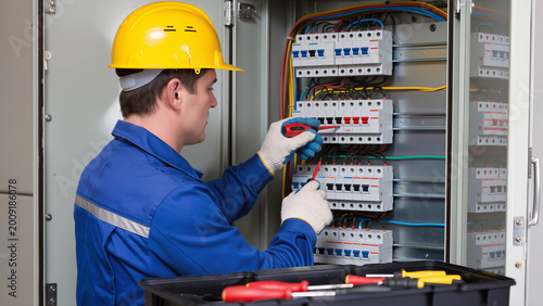 Photos electrician at work,
Electrician using screwdriver on breaker panel