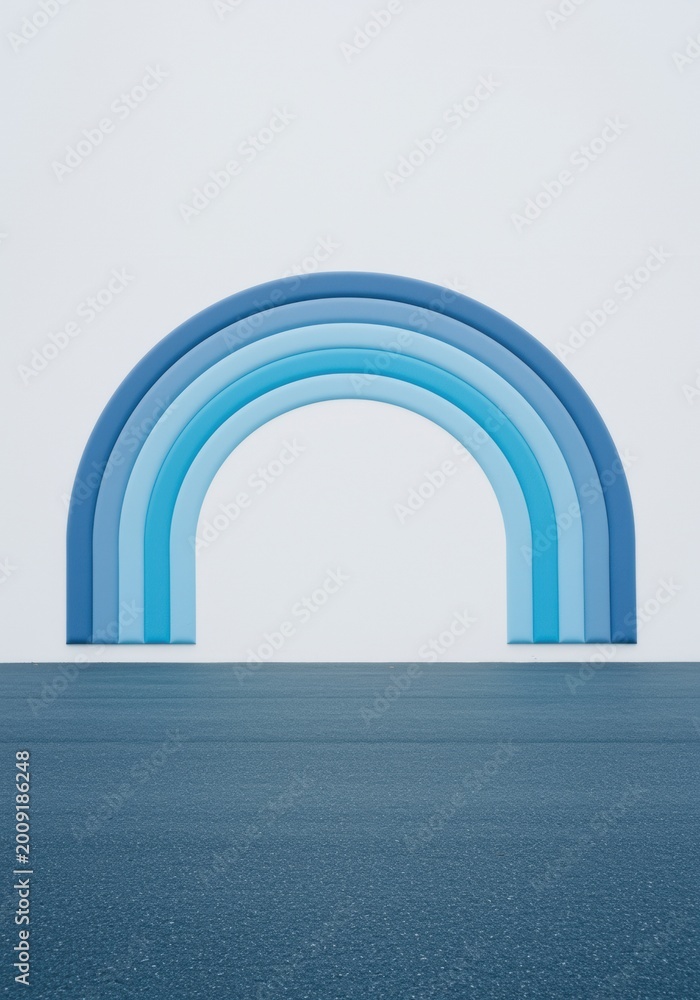 Fototapeta premium Stylized blue rainbow arch standing on a textured surface for modern art exhibition, creative branding and architectural background with copy space