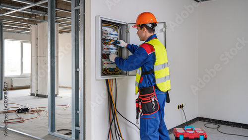 Konstfotografi Electrician installing panel on construction site