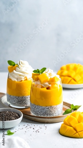 Two layered desserts in glass cups topped with whipped cream and mango cubes. Ingredients are chia seeds, mango, and basil