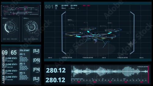 Futuristic drone visualization interface with digital hologram and wireframe display demonstrates advanced technology innovation
