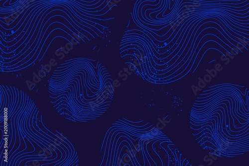 Blue topographic lines on dark background with wavy patterns and splatters