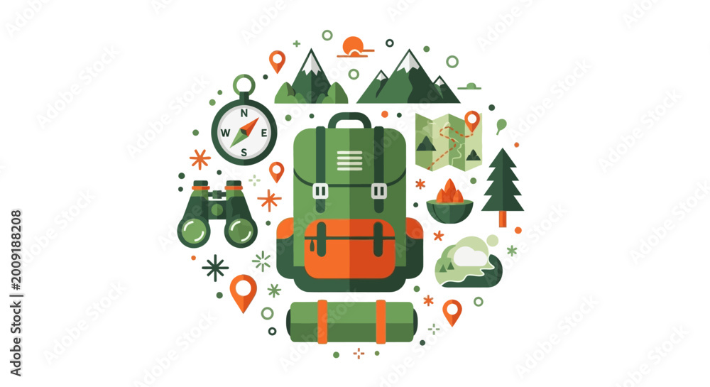 Naklejka premium Flat Vector Illustration of Adventure Hiking and Camping Gear Icons Set Arranged in Circle on White Background for Outdoor Travel Concept