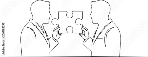 Photos Two businessmen solving puzzle continuous one line drawing business communicatio
