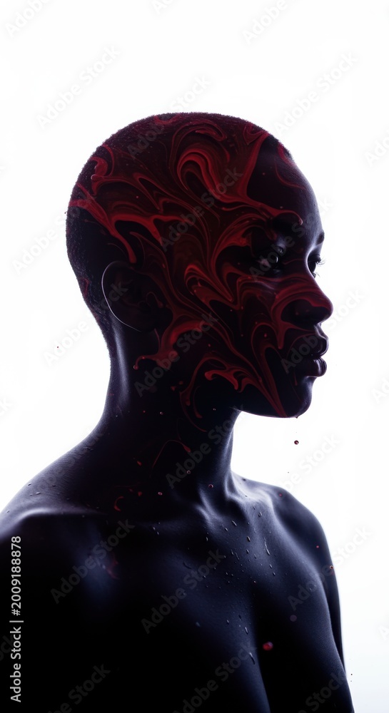 Fototapeta premium Person in profile with red liquid patterns and droplets on skin against a white background for artistic posters, commemorative events and symbolic conceptual designs