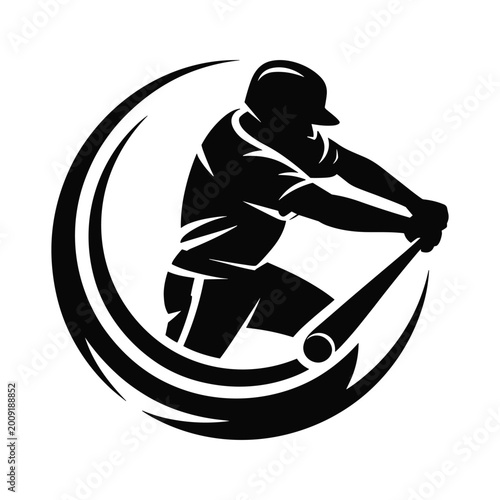 Dynamic silhouette of a baseball player swinging a bat within a swooshing circular emblem representing motion