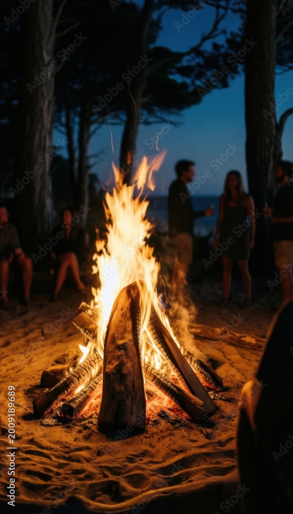 Obraz premium Large campfire burning on a sandy beach at night with blurred people gathered around the flames for outdoor lifestyle, summer vacation and festival celebration campaigns