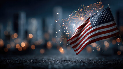 American flag waves against a dark blue background with celebratory fireworks exploding over a blurred city at night, representing national holidays and US patriotism