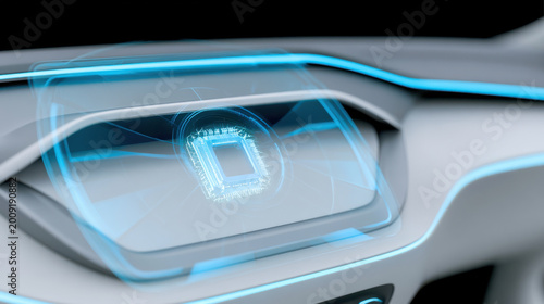 Holographic digital chip display in futuristic car dashboard with blue light and modern design