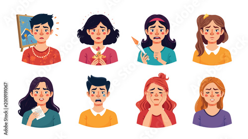 Foto Emotional Turmoil: Eight diverse individuals display a range of expressions of distress and sadness, each conveying a unique experience of emotional turmoil