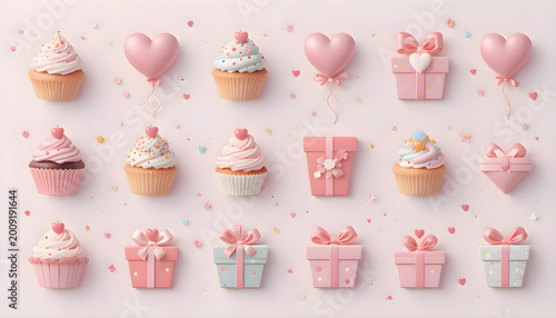 Cupcakes with pink frosting and decorations, sweet dessert variety for birthday celebration, cafe menu or festive holiday party event