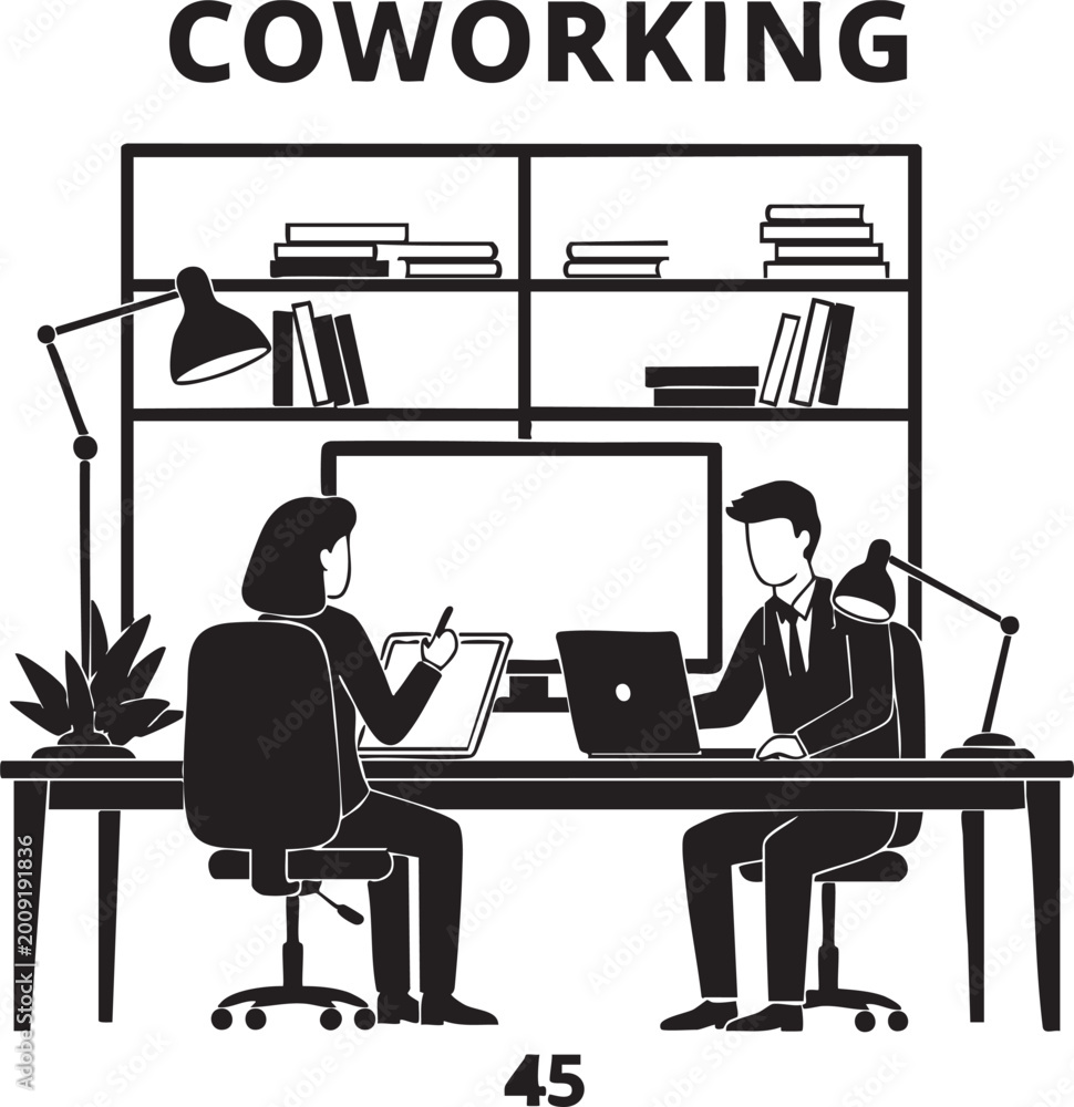 Fototapeta premium Coworking space with two people working at desk coworking workspace collaboration