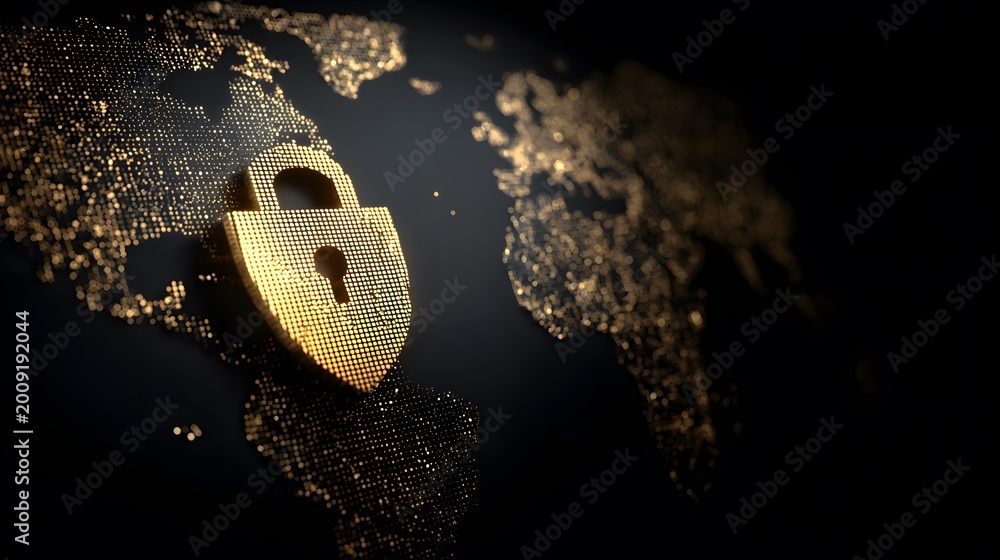 Fototapeta premium Golden shield on a world map with digital particles
