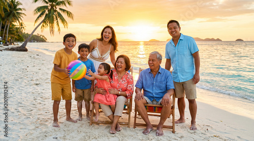 happy multigenerational family enjoying beach sunset playing with beach ball on tropical holiday