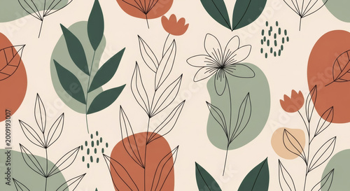 Abstract spring floral background featuring green leaves and butterflies in a vector art illustration with elegant swirls and foliage curves for nature decor design