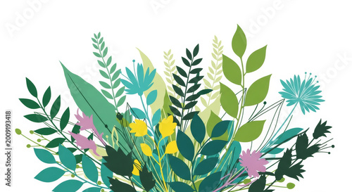 Abstract spring floral background featuring green leaves and butterflies in a vector art illustration with elegant swirls and foliage curves for nature decor design