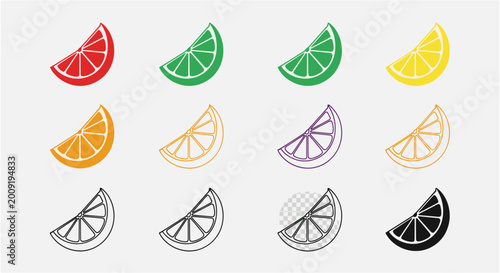 Nine lemon slices in green, yellow, and white with halved and whole variations.