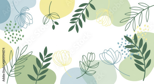 Abstract spring floral background featuring green leaves and butterflies in a vector art illustration with elegant swirls and foliage curves for nature decor design