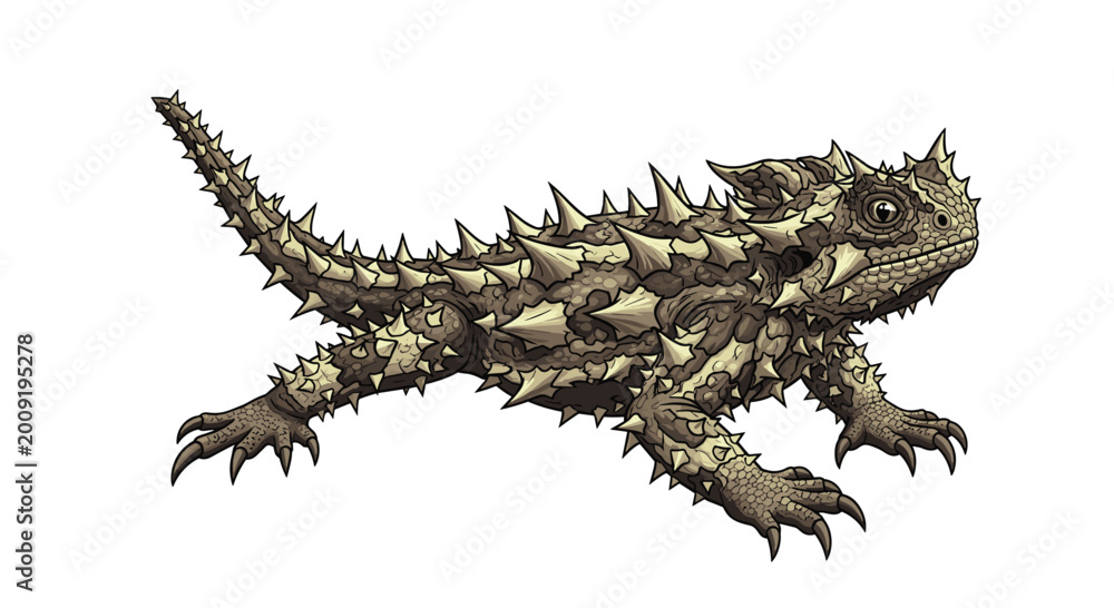 Fototapeta premium Incredible illustration of a thorny devil lizard, showcasing its spiky, camouflaged body and alert expression, walking in the desert.