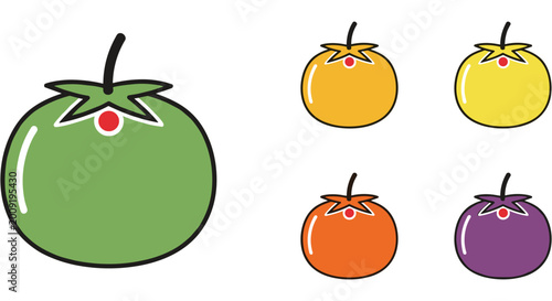 Photos Four cartoonish tomatoes in bright colors arranged on a plain white background