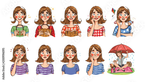 Slika na platnu Expressive Range: A vibrant collection of emotive illustrations showcasing a young woman expressing a spectrum of feelings and states of mind, from delight to concern