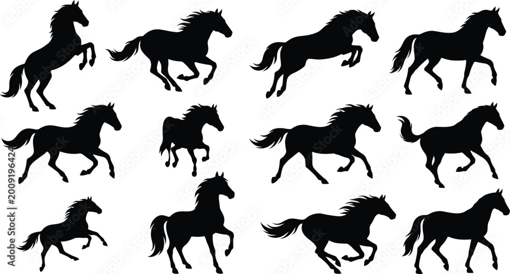 Obraz premium Set of eleven black horse silhouettes in different poses with black and white