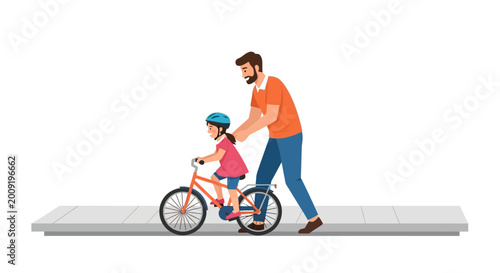 Father Teaching Young Daughter to Ride a Bicycle Flat Vector Illustration Isolated on White