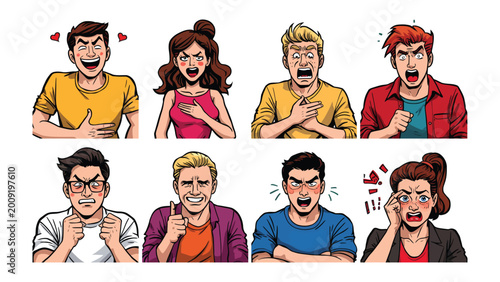Fotografija Diverse Expressions: An illustrated collection of emotive faces showcases a spectrum of human feelings, spanning joy, anger, surprise, and sadness, providing a visual guide to emotional communication
