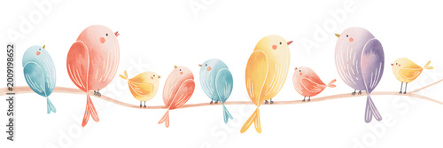 Colorful Watercolor Birds Sitting on a Wire Illustration Banner
