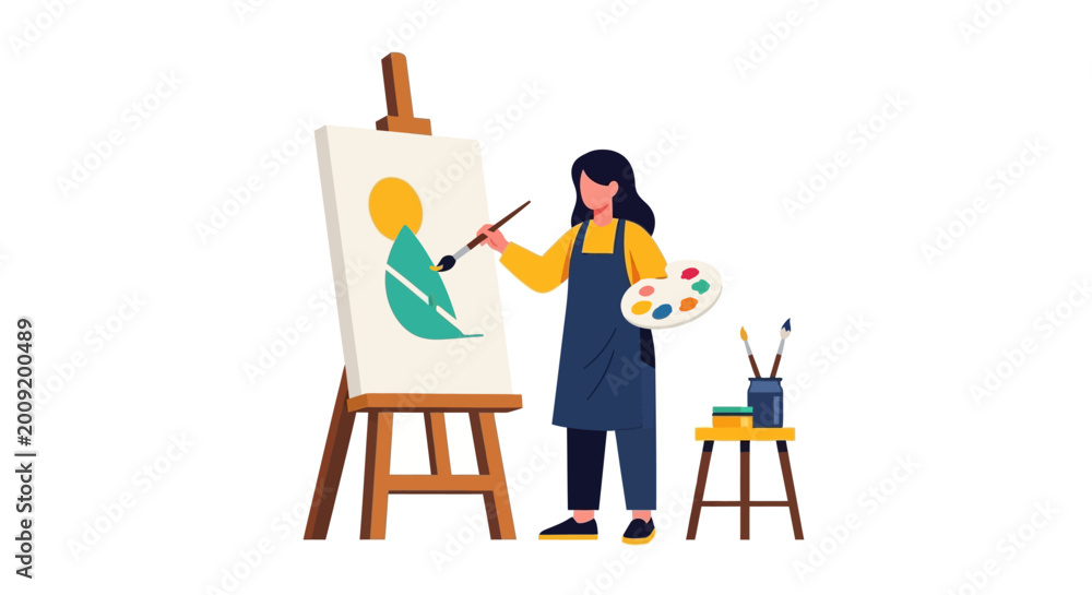 Fototapeta premium Female Artist Painting on Canvas in Studio Vector Illustration - Flat Design Concept of Creativity and Artistic Profession