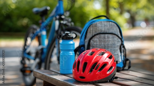Child bicycle helmet, water bottle, and backpack arranged on park bench
