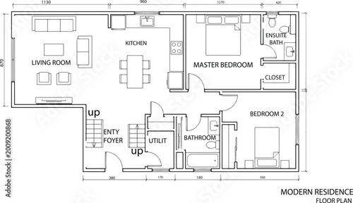 Minimalist Home Apartment Layout Illustration - Technical Drawing of Living Room Kitchen and Bedrooms.